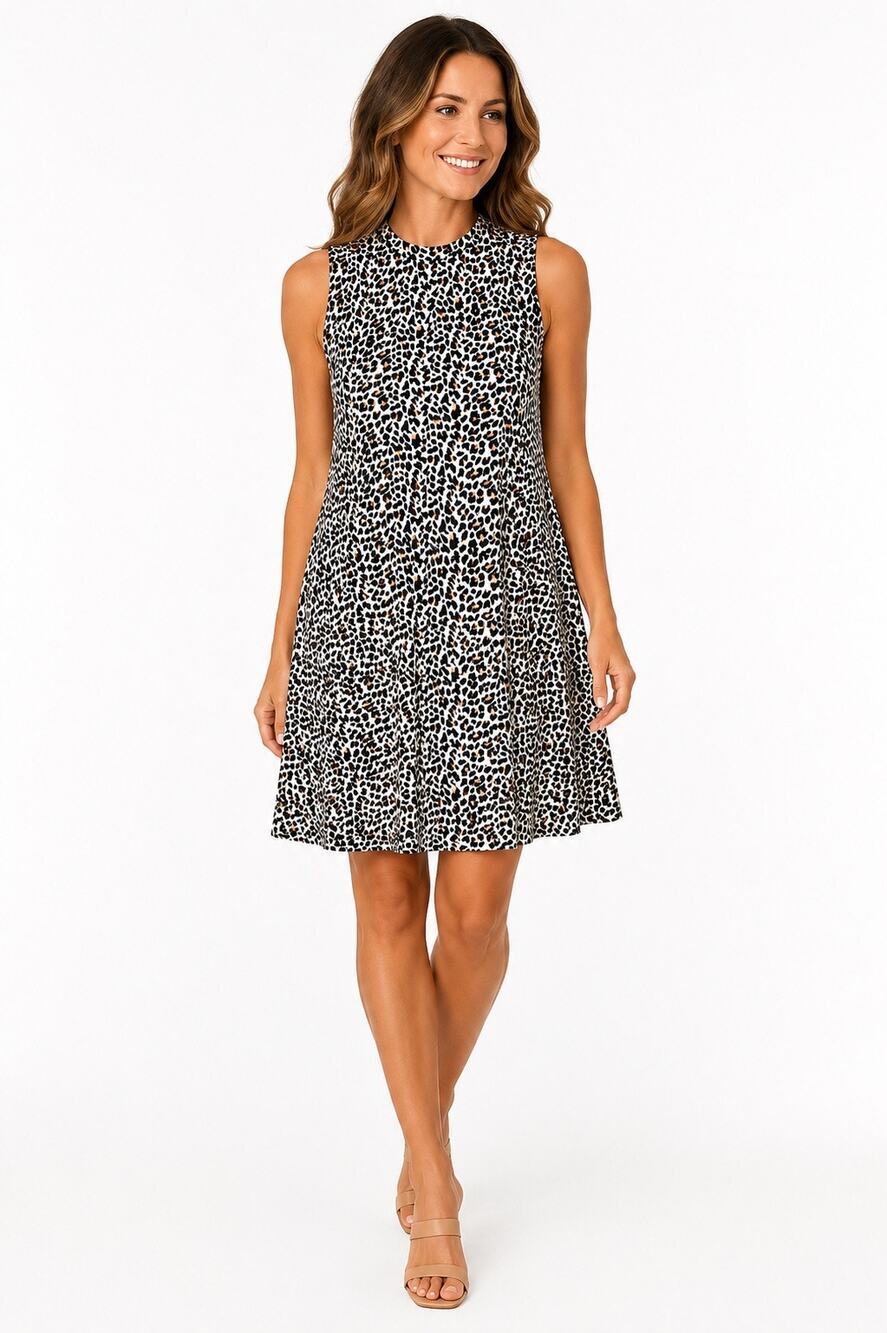 Nordstrom Leopard Print Swing Dress XL Sleeveless Mock Neck Stretch Casual